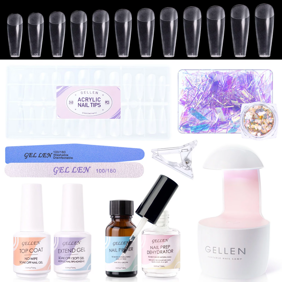 Gellen Gel Nail Kit, Nail Tips and Glue Gel Kit with Base & Top Coat, 240Pcs Full Matte Coffin False Nails Tips and UV Nail Lamp, Fast Nail Extension Set