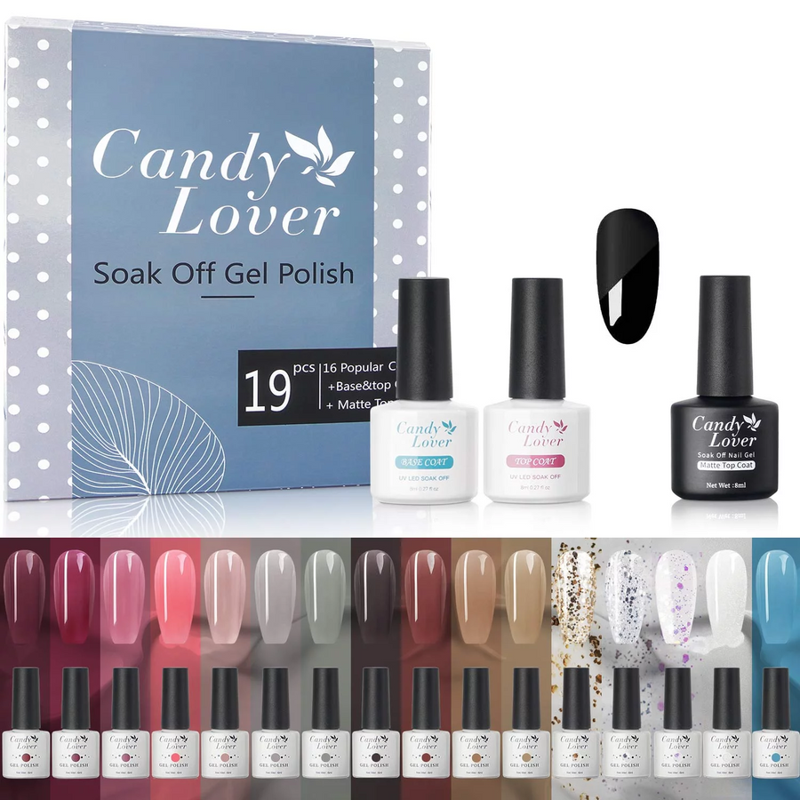 Candy Lover Gel Nail Polish Kit with Top Base Coats Matte Coat, Natural Quick Dry Long-Lasting Gel Nails, 16 Colors Modern Cool Collection Gel Nail Polish Set Gift