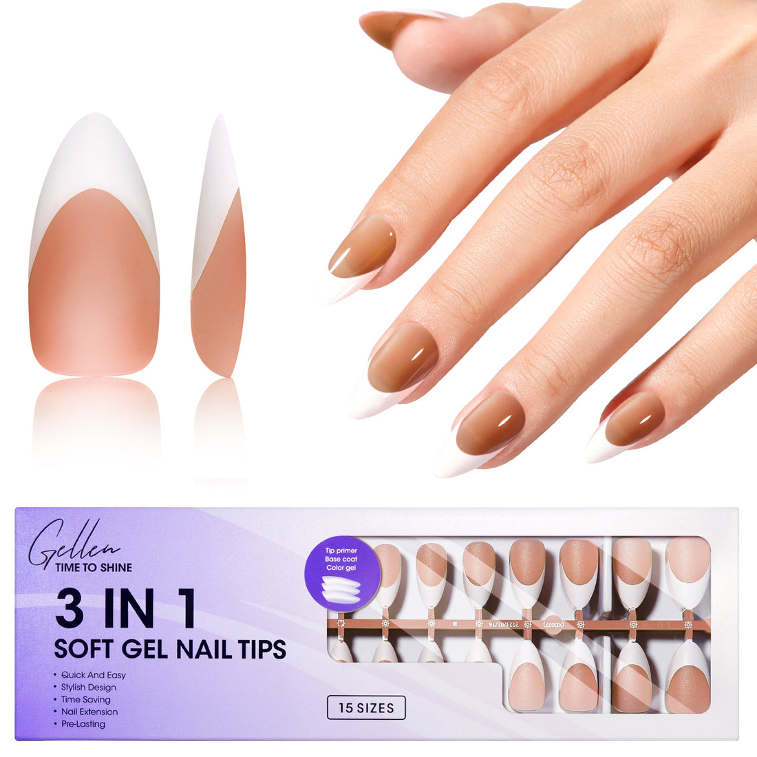 Gellen French Tips Press on Nails - 150 Pcs Brown Medium Coffin, Salon Acrylic Press on Nails Soft Gel Nail Tips, 15 Sizes Fake Nails 3 in 1 Pre-french French Tips Full Cover Tips for Nail Art