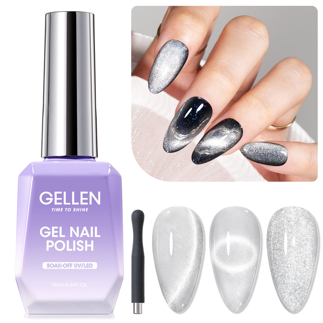 Gellen Cat Eye Gel Nail Polish, 18ml Gel Polish with Magnet Stick, Magnetic Shimmer Glitter Holographic Nail Polish Soak Off LED Gel for Nail Art DIY, Diamond Silver