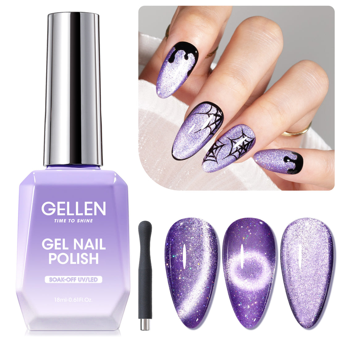 Gellen Cat Eye Gel Nail Polish, 18ml Gel Polish with Magnet Stick, Magnetic Shimmer Glitter Holographic Nail Polish Soak Off LED Gel for Nail Art DIY, Elegant Purple