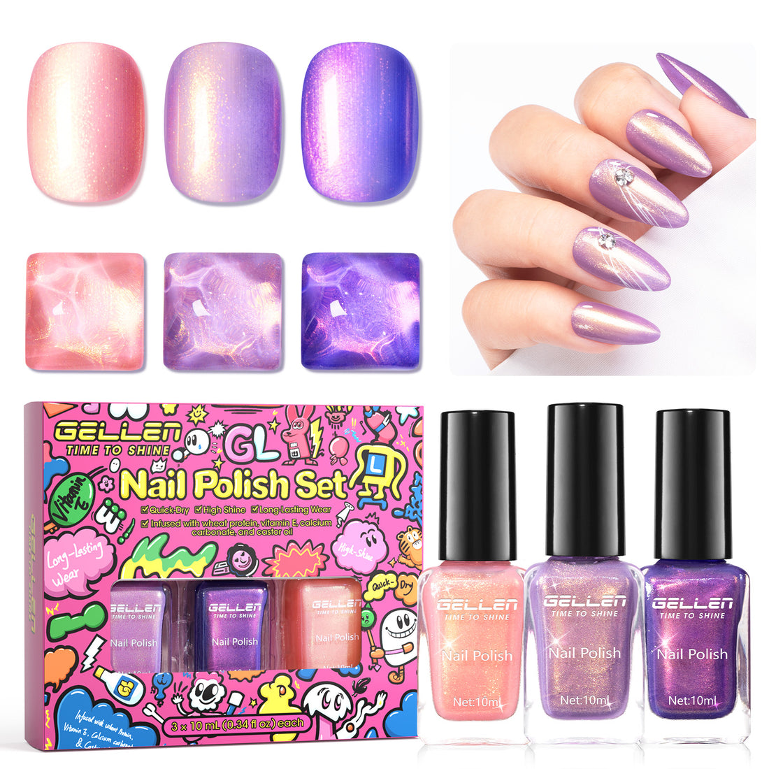 Gellen Nail Polish, Quick Dry 3 Colors Glitter Purple Dark Purple Pink Nail Polish Set Xmas Halloween Nail Lacquer Set, Gift for Women Home Nail Art, No UV Light Needed, 0.33 Fl.oz