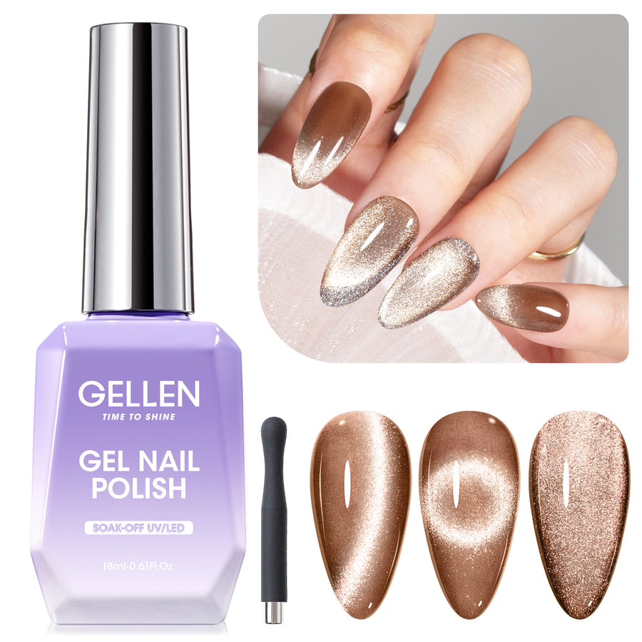 Gellen Cat Eye Gel Nail Polish, 18ml Gel Polish with Magnet Stick, Magnetic Shimmer Glitter Holographic Nail Polish Soak Off LED Gel for Nail Art DIY, Champagne Brown