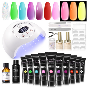 Candy Lover Poly Nail Gel Kit with UV Light, 10 Neon Rainbow Color Changing Glow in Dark Colors Gel, Poly Nail Extension Starter Kit for Beginners with Everything