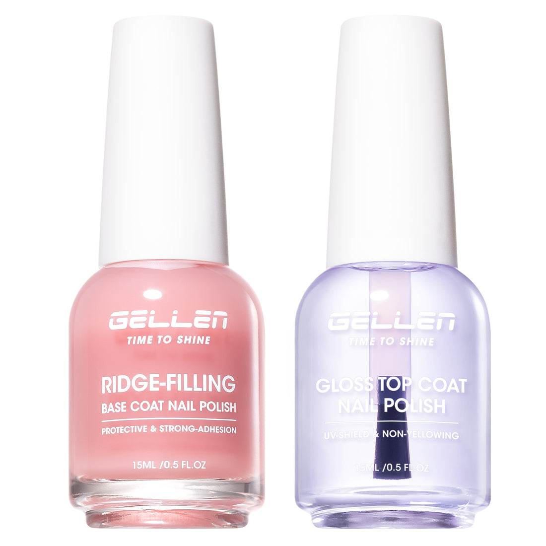 Gellen Base & Top Coat Nail Polish Set, Pink Nail Ridge Filler & High Shine Top Coat Duo, Nail Strengthener for Weak Damaged Nails, Quick Dry Chip Resistant Clear Nail Polish, HEMA Free