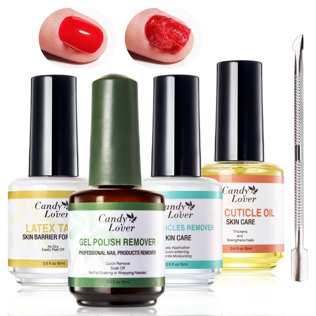 Candy Lover Gel Nail Polish Remover Kit, Non Acetone Nail Polish Gel Remover, Liquid Latex Peel Off Tape, Cuticle Oil, Cuticle Remover Liquid, No Irritating, No Soaking or Wrapping