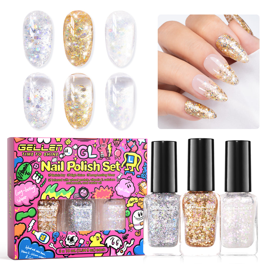 Gellen Nail Polish, Quick Dry 3 Colors Glitter White Sliver Gold Nail Polish Set Xmas Halloween Nail Lacquer Set, Gift for Women Home Nail Art, No UV Light Needed, 0.33 Fl.oz