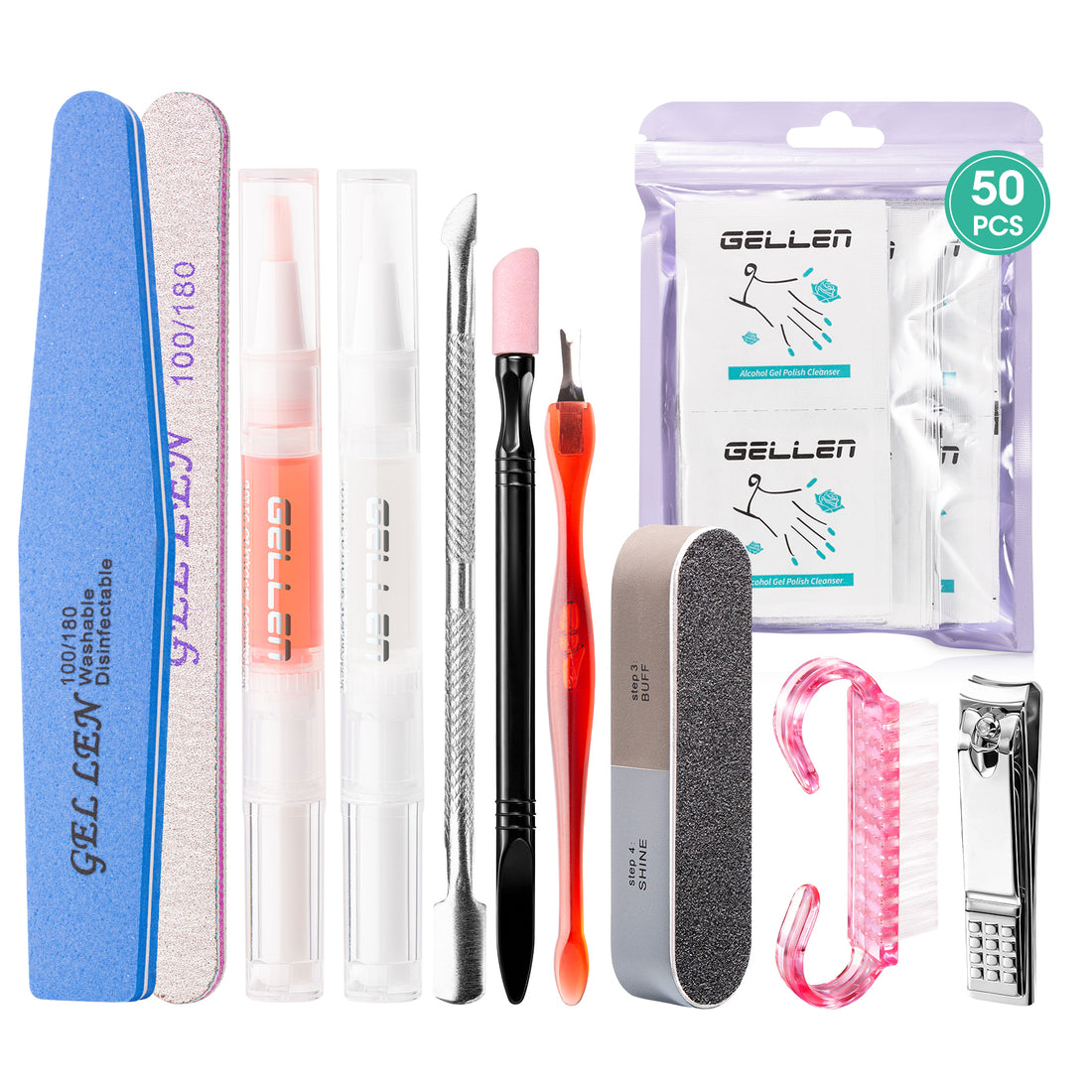 Gellen Nail Prep Kit, Professional Manicure Tools Set with 50PCS Nail Cleanser Pads, Cuticle Oil & Softener Pen, Ceramic Cuticle Pusher, Nail File, Buffer Block, Clipper & Nail Care Supplies