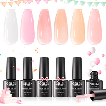 Gellen Jelly Gel Nail Polish, 6 Colors Sheer Milky White Pink Nude Gel Polish Set Translucent Neutral Soak off Nail Gel Kit for Women Nail Art Home Diy Manicure