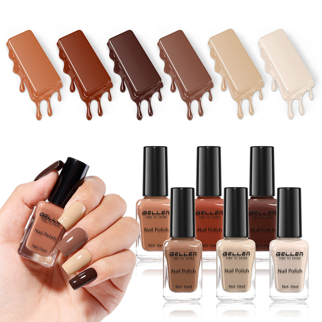 Gellen Nail Polish, Quick Air Dry 6 Colors Nail Lacquer Set Warm Chocolate Brown Nail Polish Set for Nail Manicure DIY Art Home, No UV Light Needed, 0.33 Fl.oz