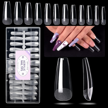 Gellen Long Coffin Fake Nail Tips for Press on Nails, 504Pcs Soft Gel Tips for Nail Extensions Full Cover Pre-shaped 12 Sizes Clear False Nails for Nail Art