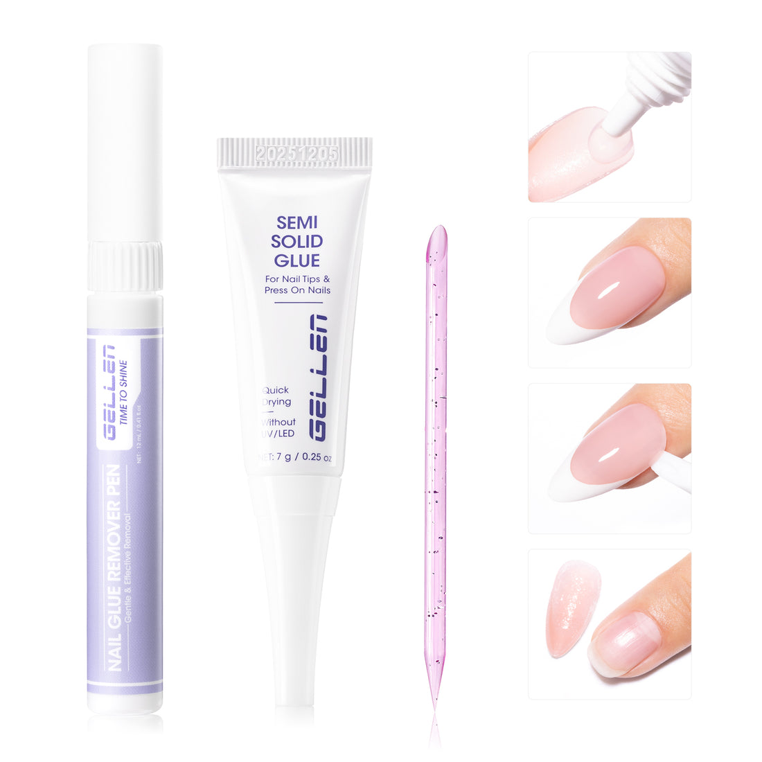 Gellen Lamp-Free Semi Solid Nail Glue for Press on Nails, Soak off Gel Nail Glue Remover for False Acrylic Nails, Super Strong Gel Glue Quick Removal Kit