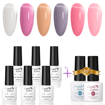 Candy Lover Jelly Gel Nail Polish Kit, 6 Pink Grey Red Sheer Colors Gel Polish with Top Coat and Base Coat, UV Nail Polish Gel