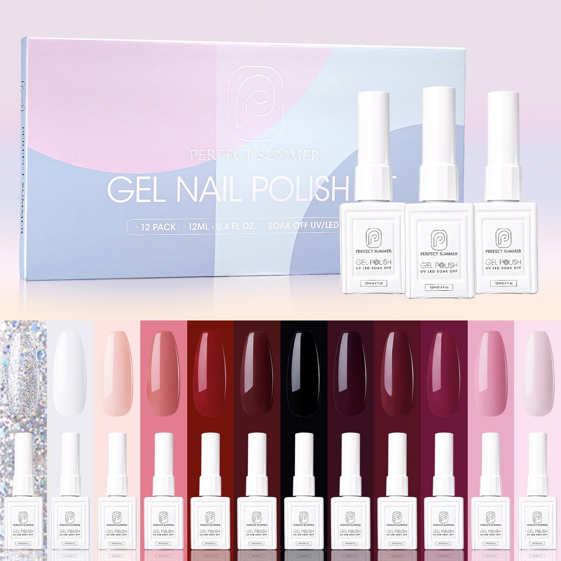 Perfect Summer Gel Nail Polish, 12 Colors Gel Polish, 12 ml Each, Red Pink Black White Glitters Gel Nail Set, Soak Off Gel Polish Kit, Salon Nail Gift for Women Girls, Mother's Day Nail Gift