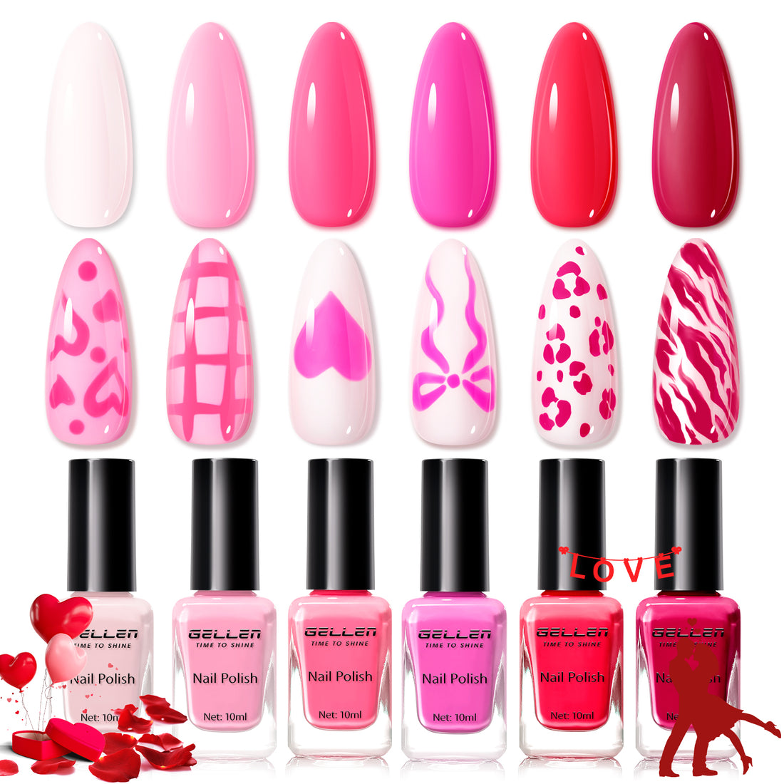 Gellen Nail Polish, Quick Air Dry 6 Colors Nail Lacquer Set Romantic Pink Nail Polish Set for Nail Manicure DIY Art Home, No UV Light Needed, 0.33 Fl.oz