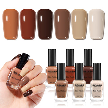 Gellen Nail Polish, Quick Air Dry 6 Colors Nail Lacquer Set Warm Chocolate Brown Nail Polish Set for Nail Manicure DIY Art Home, No UV Light Needed, 0.33 Fl.oz