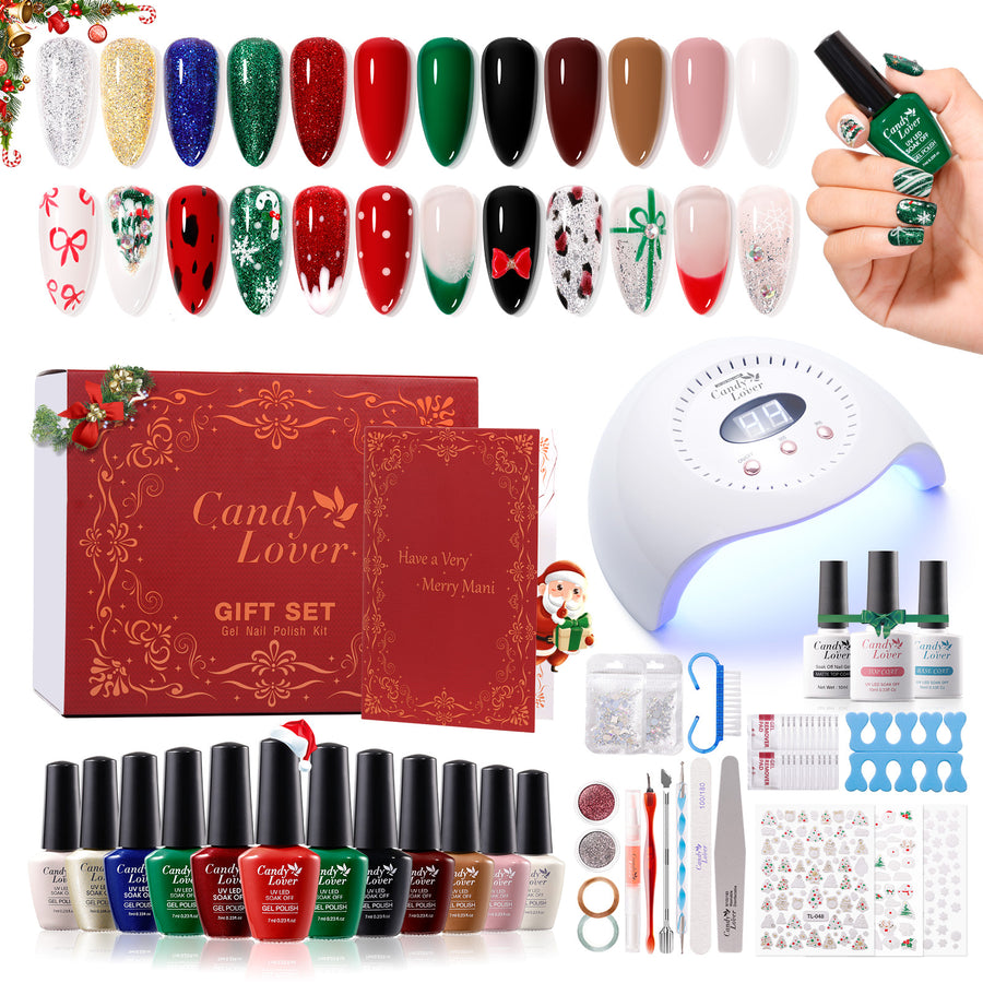Candy Lover Gel Nail Polish Kit, 12 Colors Christmas Collection Nail Gel Kit with Greeting Card & 72W UV Nail Lamp, Salon Quality Long-lasting Gel Polish Set, Gift for Girl Women DIY Manicure