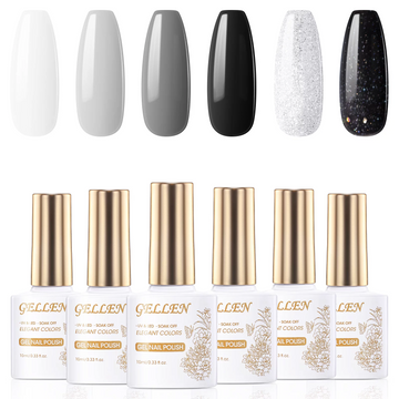 Gellen Gel Nail Polish Kit, 6 Glitter Black White Silver Colors, All Season Gel Polish Set, Soak off Nail Lamp Gel Kit, Gifts for Women