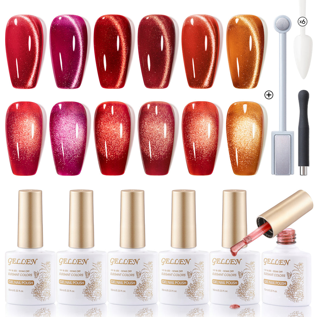 Gellen Cat Eye Gel Nail Polish Kit, 6 Colors Glitter Red Pink Cat Eye Gel Polish with Magnet, Soak off UV/LED Nail Gel Kit, Salon Nail Art Valentine Gifts for Women