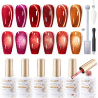 Gellen Cat Eye Gel Nail Polish Kit, 6 Colors Glitter Red Pink Cat Eye Gel Polish with Magnet, Soak off UV/LED Nail Gel Kit, Salon Nail Art Valentine Gifts for Women