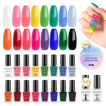 Nailshion Quick Air Dry Nail Polish Set, 16 Colors 10ML Rainbow Nail Polish with Clear Base Top Coat and 35Pcs Remover Pads Spring Summer Regular Nail Lacquer Gift for Women Girls