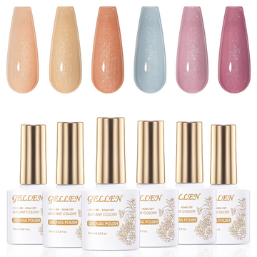 Gellen Glitter Gel Nail Polish Kit, 6 Classics Sparkle Neutral Colors Soak off Manicure Kit, Nail Art Design Salon at Home Gifts for Women Girls