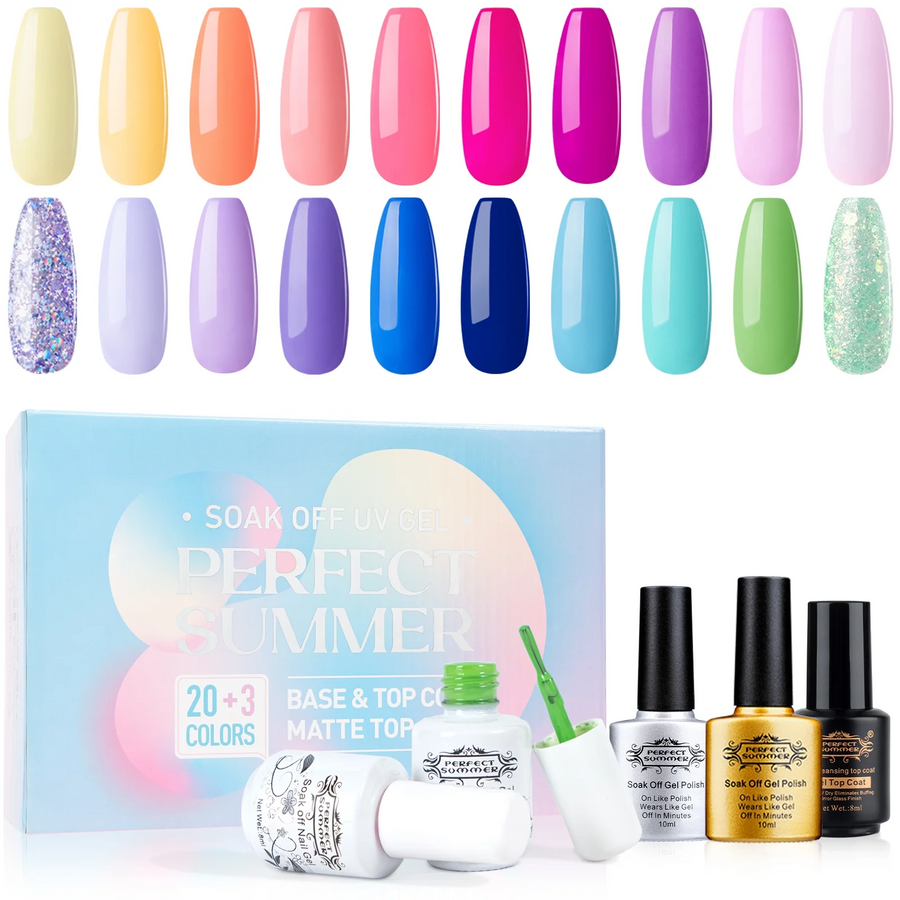 Perfect Summer Gel Nail Polish Kit, 20 Rainbow Neon Glitter Colors with No Wipe Glossy Matte Top Base Coat, Soak off UV Nail Gel Polish, Home Salon Gift for Girls Women