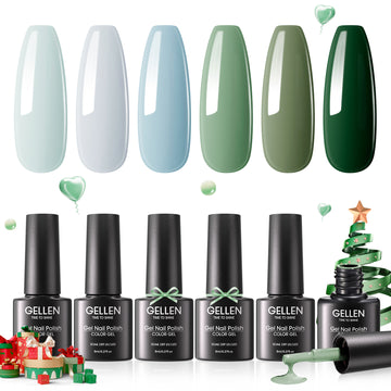 Gellen Green Gel Nail Polish, 6 Colors Sage Green Misty Gray Baby Blue Gel Polish Set Forest Green Lime Olive Soak Off Nail Gel Kit for Fall Winter Nail Art Home Diy Manicure