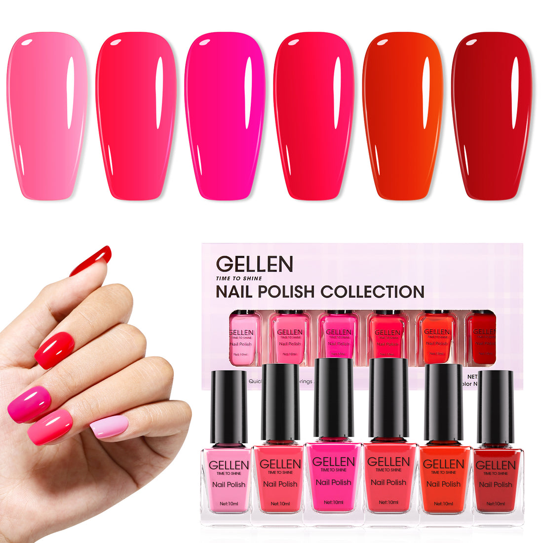 Gellen 6Colors Nail Polish Set, Quick Air Dry Nail Polish Bright Red Pink Trendy Nail Polish Kit for Nail Manicure DIY Art Home, No UV Light Needed, 0.33 oz