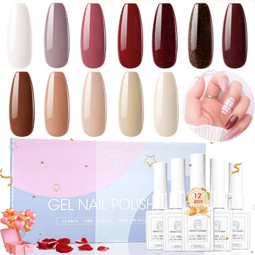 Perfect Summer Gel Nail Polish, 12 Colors Gel Polish Winter Red Brown Nude Soak Off UV Nail Polish Gel, Manicure DIY Salon Nail Art Gift for Women Girls