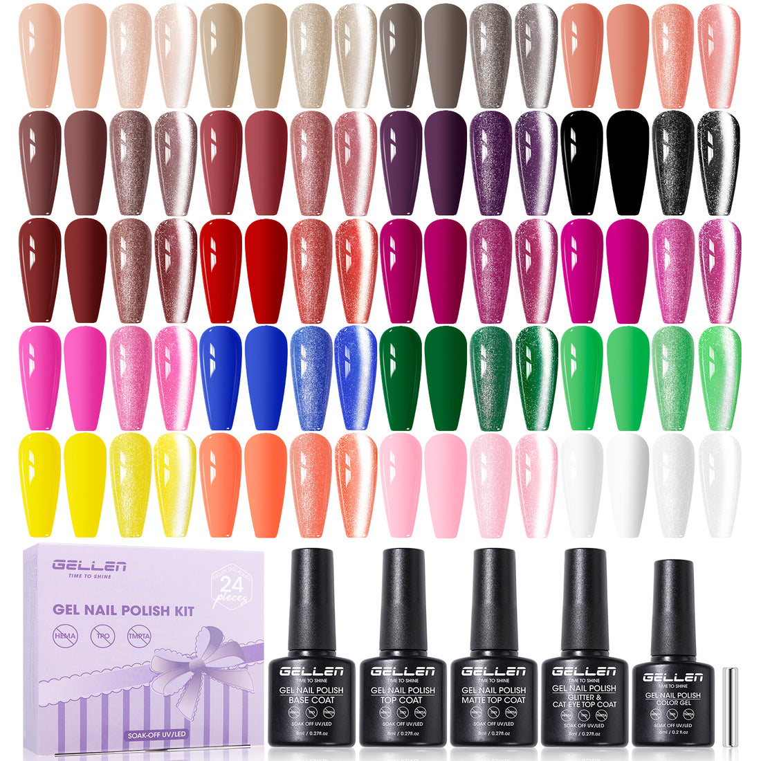 Gellen 24Pcs Gel Nail Polish Set, 20Colors All Seasons Gel Polish with Base Coat & Glossy Matte Cateye Top Coat, HEMA TMPTA TPO 3-Free Red Pink Green White UV Cured Soak off Nail Kit for Women