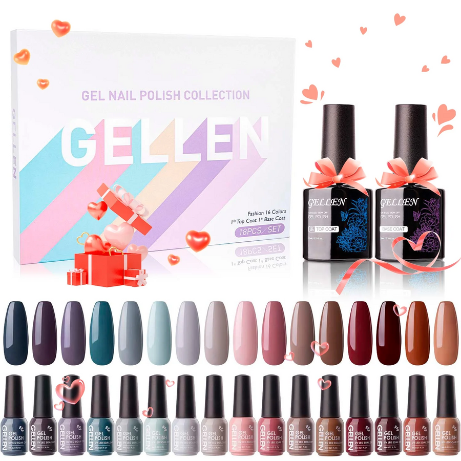 Gellen Gel Nail Polish Kit, 16 Colors Gel Polish Set with Top & Base Coat, Nail Gel Polish Neutral Wine Browns, Nail Art Manicure Set Gifts for Women