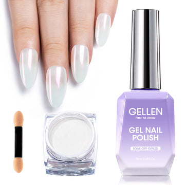 Gellen Gel Polish Chrome Nail Powder Kit - 1Pc 18ml Milky White Gel Nail Polish and 1Pc Pearl Nail Chrome Powder, Iridescent Aurora Mirror Effect Pigment for Nail Polish Nail Art