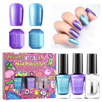 Gellen Nail Polish, Quick Dry 3 Colors Metallic Purple Blue & Base Top Strengthener 3-in-1 Nail Polish Set Xmas Halloween Nail Lacquer Set, Gift for Women Home Nail Art, No UV Light Needed, 0.33 Fl.oz