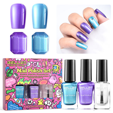 Gellen Nail Polish, Quick Dry 3 Colors Metallic Purple Blue & Base Top Strengthener 3-in-1 Nail Polish Set Xmas Halloween Nail Lacquer Set, Gift for Women Home Nail Art, No UV Light Needed, 0.33 Fl.oz