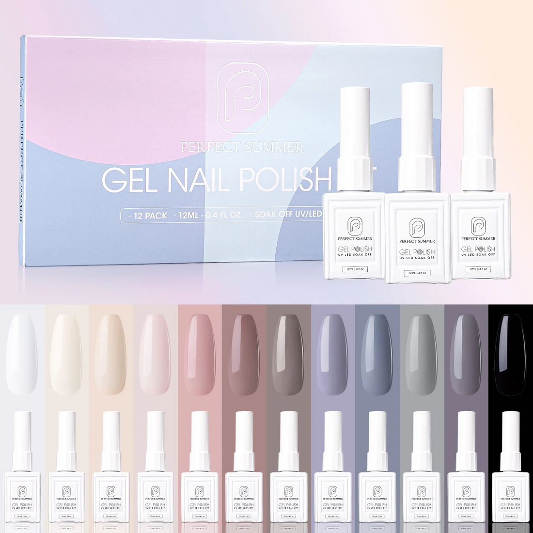 Perfect Summer Gel Nail Polish, 12 ml Each, 12 Colors Gel Polish Set, Pastel Grey Black White Gel Nail Set, Soak Off Gel Polish Kit, Salon Nail Gift for Women Girls