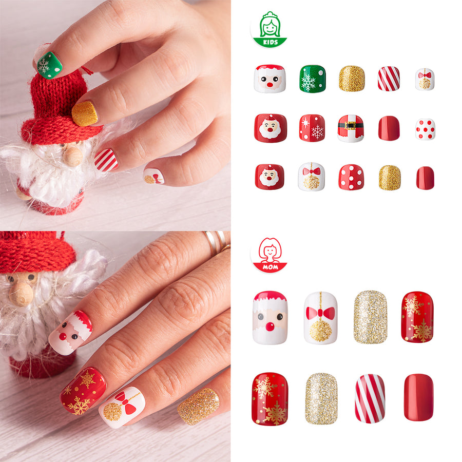 Vamony Short Square Press on Nails, Fake Nail Tips Kit with Adhesive Tabs, Mani Sticks and Files, 30 Count Xmas06 French False Nails Set Gift for Mom & Kids