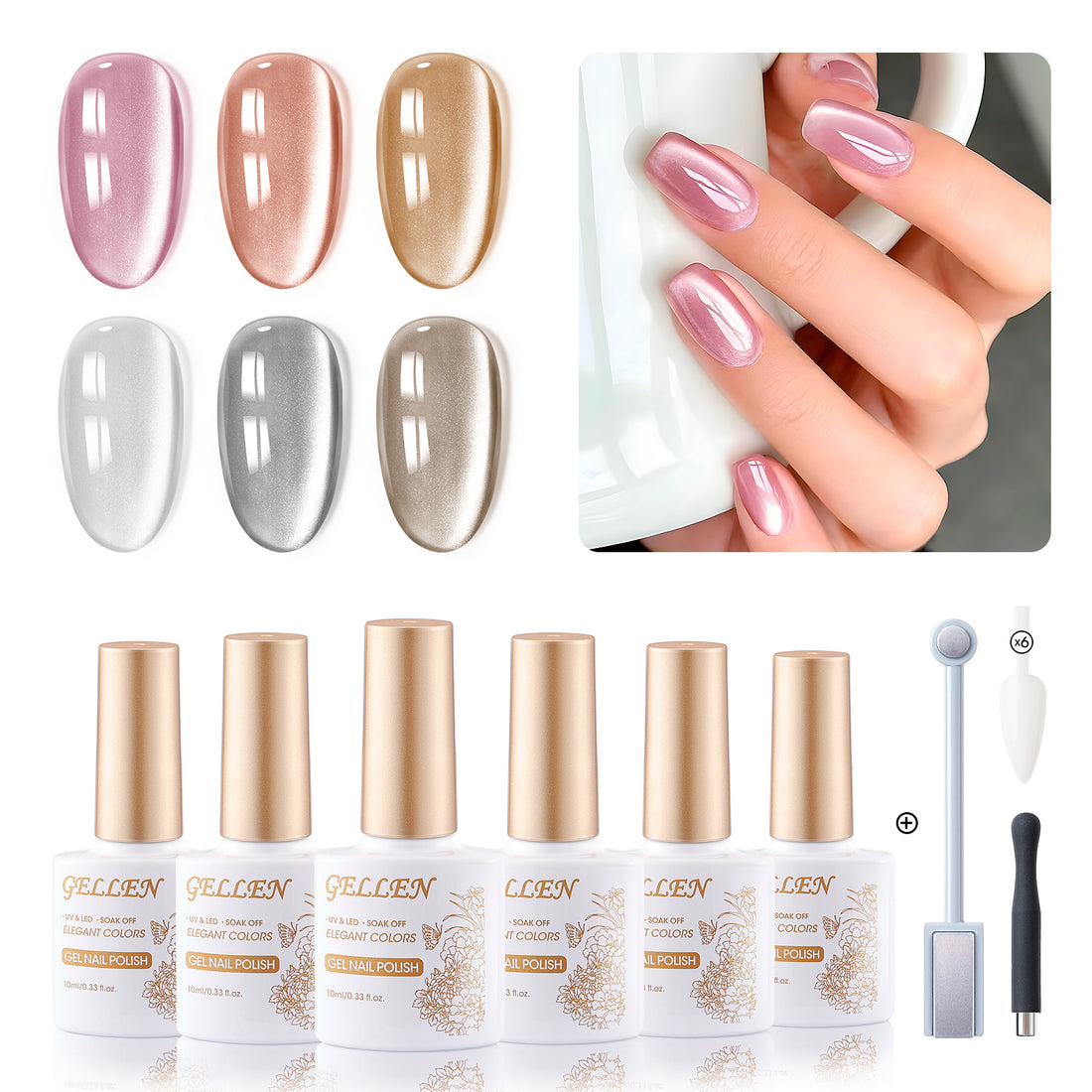 Gellen Cat Eye Gel Nail Polish Kit with Magnet, 6×10ml Glossy Mirror Effect Natural Glitter Gel Polish Set, Soak off Nail Gel At Home Salon Gift for Women