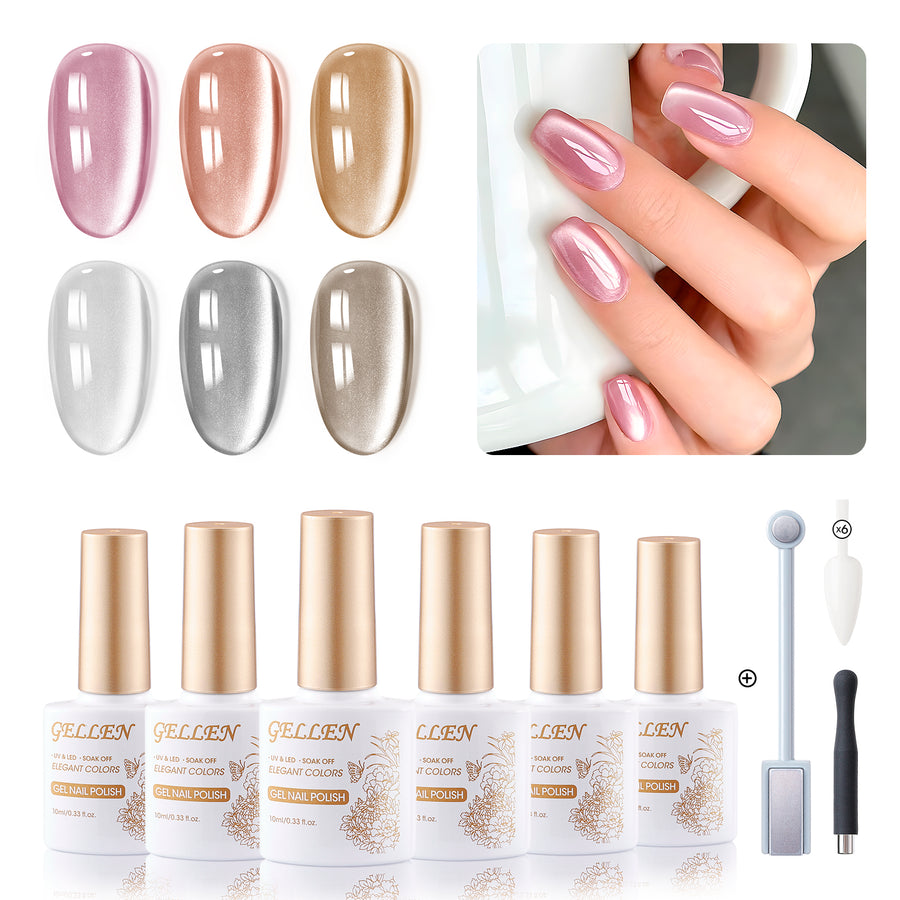 Gellen Cat Eye Gel Nail Polish Kit with Magnet, 6×10ml Glossy Mirror Effect Natural Glitter Gel Polish Set, Soak off Nail Gel At Home Salon Gift for Women