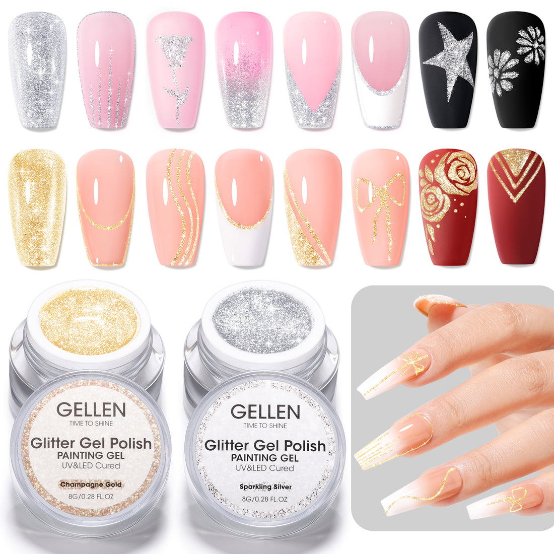 Gellen Glitter Gold&Sliver Gel Polish, Metal Platinum Reflective Painting Gel for Nails Drawing French-tip Floral Painted Liner Soak off UV/LED Cured for Salon DIY Nail Art