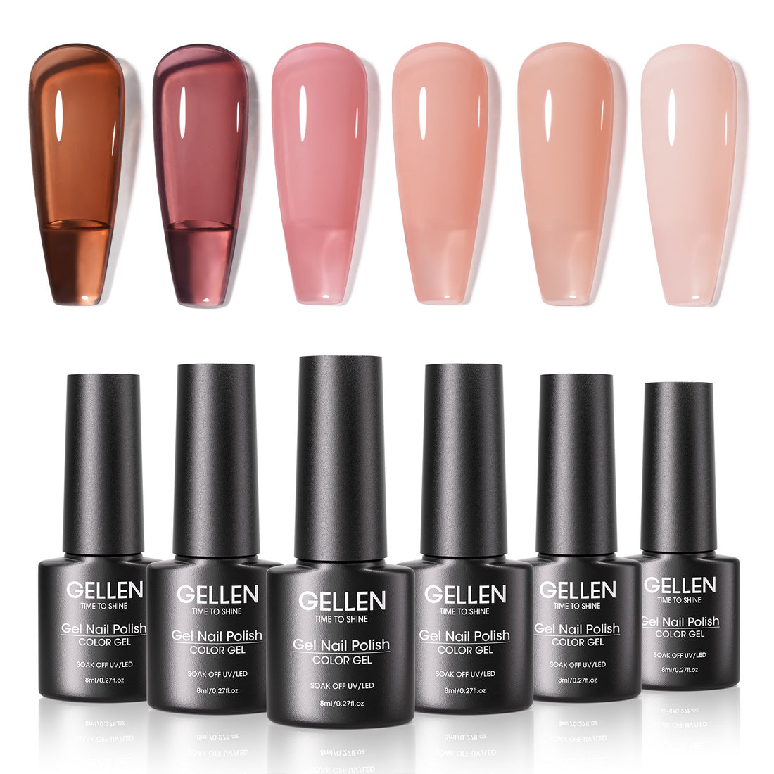 Gellen Brown Jelly Gel Nail Polish, 6 Colors Amber Nude Pink Gel Polish Set Light Brown, Nude Beige Soak Off Nail Gel Kit for Fall Winter Nail Art Home Diy Manicure