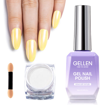 Gellen Gel Polish Chrome Nail Powder Kit - 1Pc 18ml Yellow Gel Nail Polish and 1Pc Pearl Nail Chrome Powder, Iridescent Aurora Mirror Effect Pigment for Nail Polish Nail Art