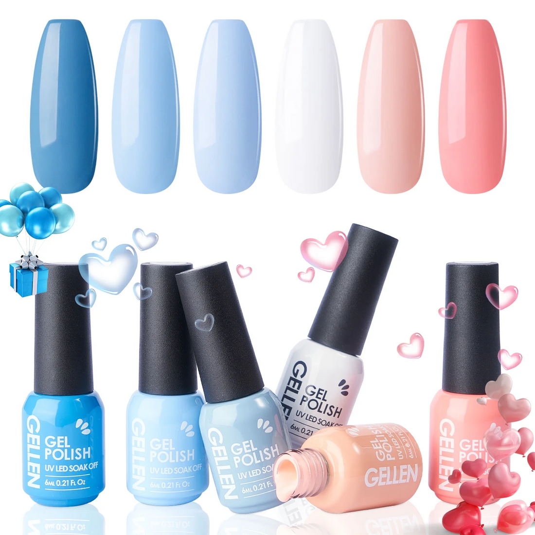 Gellen Gel Nail Polish Kit- 6 Colors Blue Pink Peach Gel Nail Polish Set Spring Summer Soak off LED Gel Manicure DIY Nail Gifts for Girls