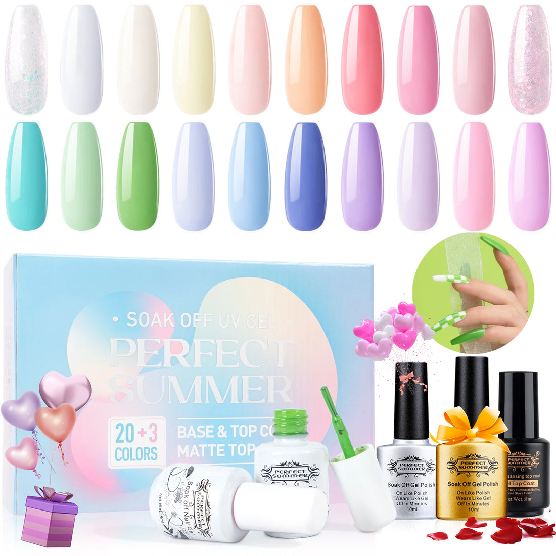 Perfect Summer Gel Nail Polish Kit, 20 Colors Gel Polish Macaron Fresh UV Nail Polish Gel Set with Glossy Base Top Coat Matte Coat, Manicure DIY Salon Nail Art Gift for Women Girls