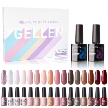 Gellen Gel Nail Polish Kit, 16 Colors Gel Polish Nudes Pink Red Brown Soak Off Nail Gel Polish Set with Top and Base Coat, UV Nail Gel DIY Salon Nail Art Valentine Gift for Women