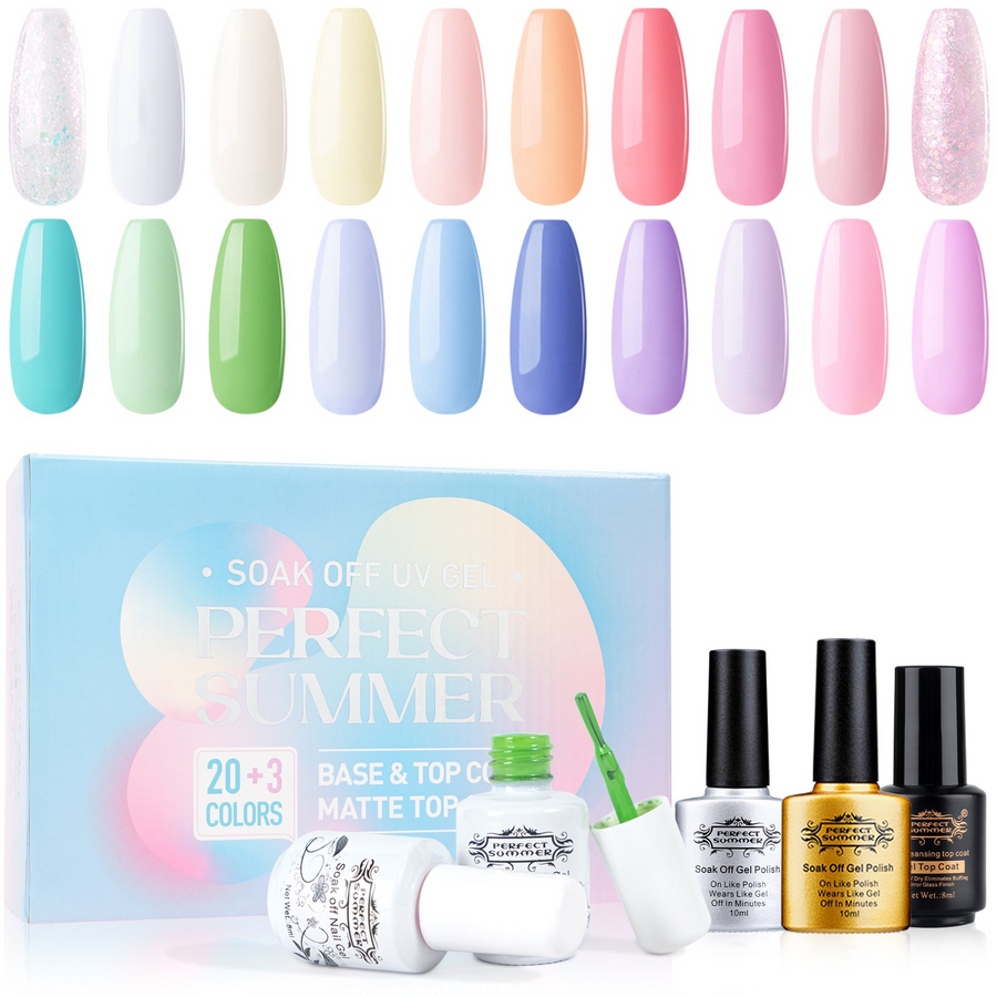 Perfect Summer Gel Nail Polish Kit, 20 Candy Green Blue Pink Colors with No Wipe Glossy Matte Top Coat Base Coat, Soak off UV Gel for Home Salon Gift