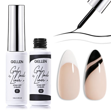 Gellen Gel Liner Nail Polish, 2 Colors Black White Nail Art Gel Nail Polish Set, Gel Polish Soak Off UV Cure Gel Built Thin Nail Brush Christmas Gifts for Women