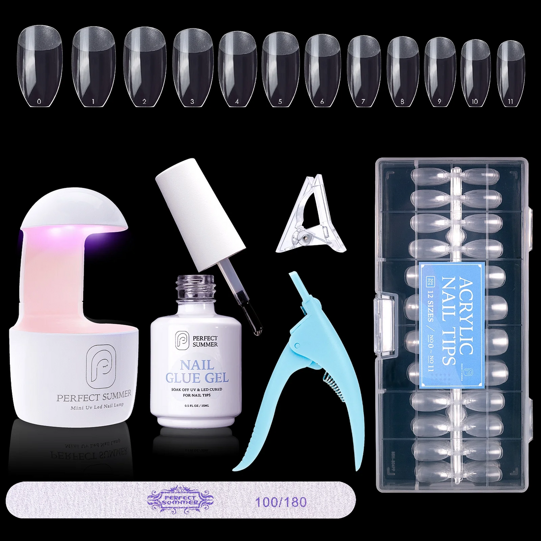 Perfect Summer Nail Tips and Glue Gel Kit, 504pcs Short-square False Nail Tips, 3 in 1 Base Coat and Strengthen Gel, Portable UV Nail Lamp, Gel Nail Extension Kit, Acrylic Nail Kit