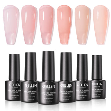 Gellen Jelly Ice Gel Nail Polish, 6 Colors Light Pink Cherry Pink Gel Polish Set Nude Pink Soak Off Nail Gel Kit for Women Nail Art Home Diy Manicure