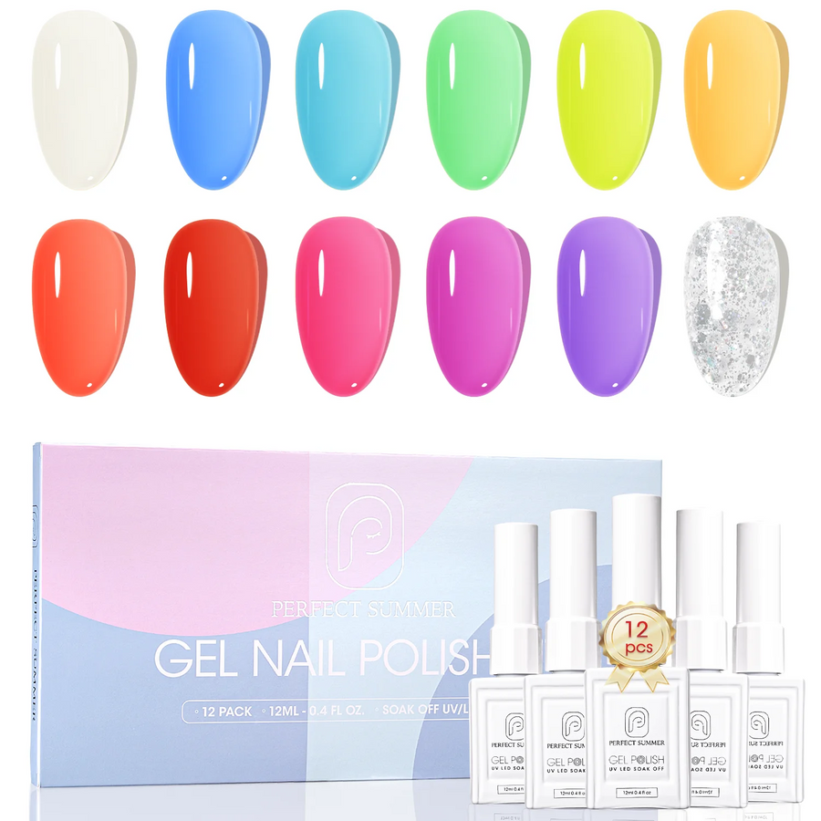 Perfect Summer Jelly Rainbow Gel Nail Polish, 12 ml Each, Translucent Gel Nails, Neon Sheer Colors Red Blue Yellow Green Gel Polish, Soak off UV Nail Gel Set, Nail Kit Gift for Girls Women